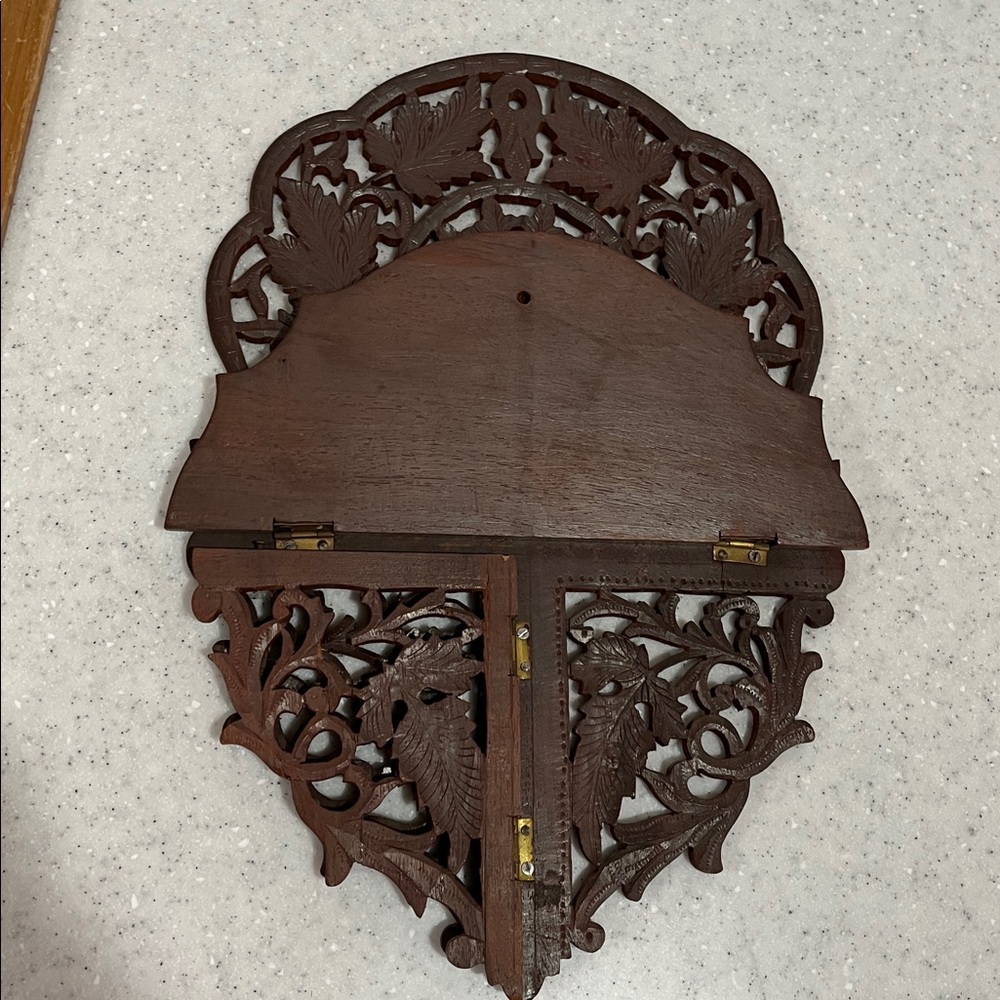 Vtg INDIA Hand Carved Wood Wooden Folding Shelf Intricate Leaf Design Leaves - Picture 10 of 14
